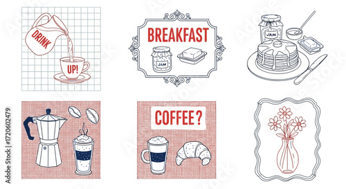 Breakfast and coffee illustrations, featuring various food and drink items.