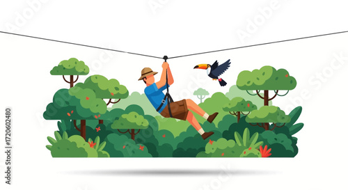 Man ziplining through lush rainforest canopy with toucan.