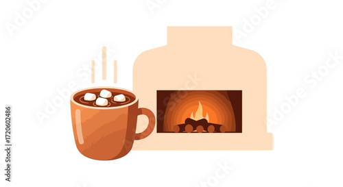 A warm mug of hot chocolate with marshmallows sits next to a cozy fireplace with a glowing fire.