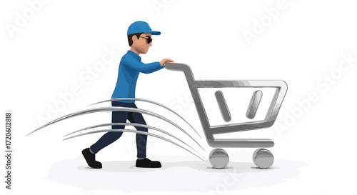 Fast Delivery Service Man Pushing Shopping Cart Courier Illustration