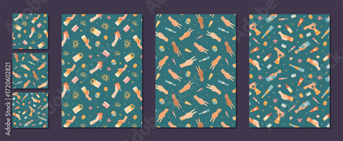 Cartoon seamless pattern shows sunscreen bottle, tube and lotion with spf and sunblock. Hand hold spray two sun products for skin protection. Summer care set in a flat style.