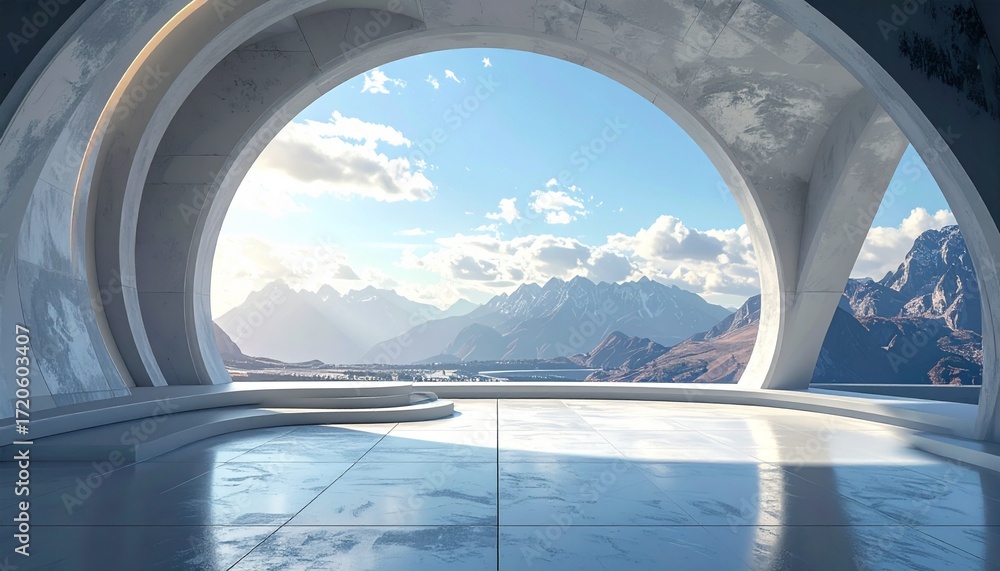 Fototapeta premium Futuristic interior with panoramic mountain view and modern curved architecture