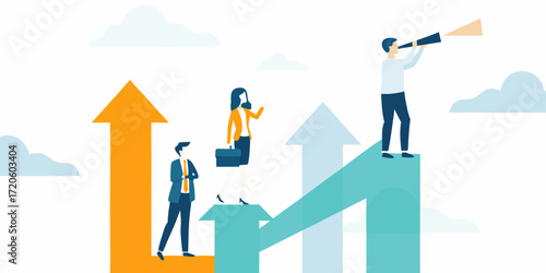 Business people climbing upward arrows representing growth and success with one person looking through a telescope