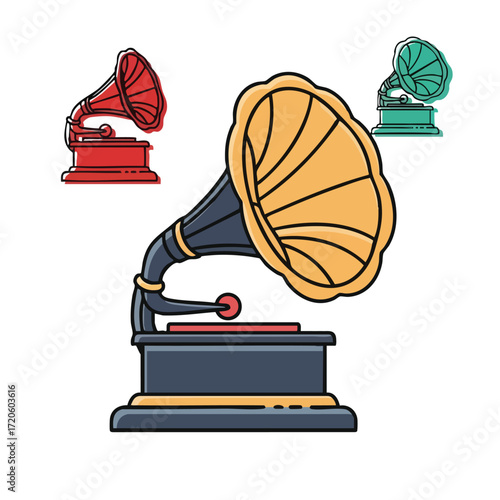 Vintage Gramophone Vector Illustration Set Retro Music Concept Isolated on White
