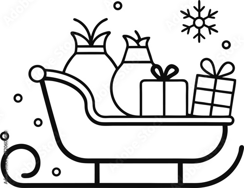 Minimal black line drawing of a sleigh with gifts, simplified clipart.