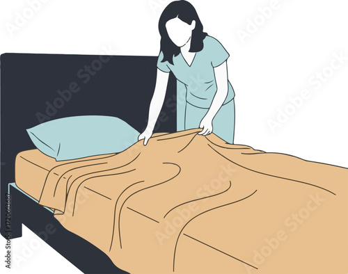 Woman Making Bed with Pillow