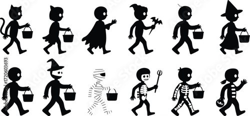 Halloween kids silhouette, trick or treat costumes, spooky children vector, bat, witch, skeleton, pumpkin, vampire, devil, mummy, festive illustration, holiday design