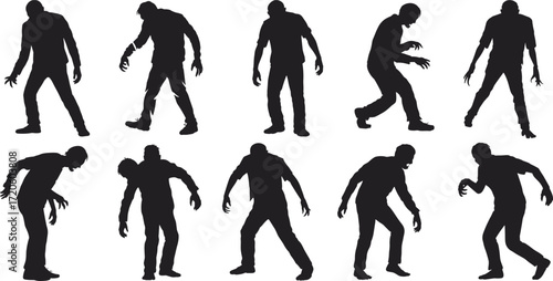 Zombie silhouette illustration, walking undead figures, horror character vector, scary pose design, Halloween monster clipart, black graphic, creepy motion, spooky theme