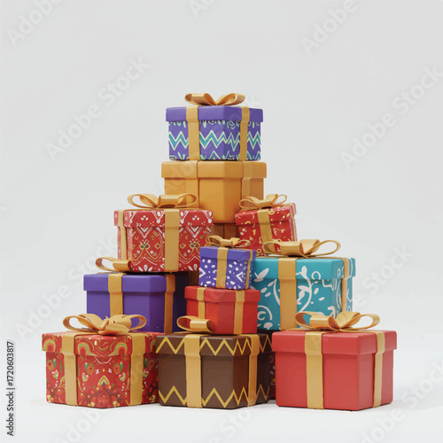 A festive pyramid stack of colorful gift boxes with cultural ornamental patterns and golden ribbons, isolated on a white background