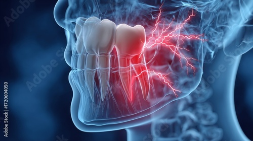 human jaw with painful tooth. wisdom tooth pain treatment. wisdom tooth
