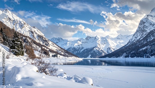 Winter wonderland alpine lake frozen landscape