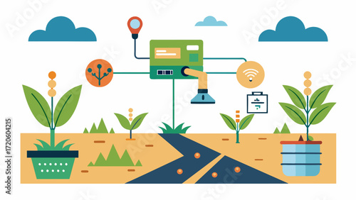 A precision planting system employs AI to analyze soil maps and determine the optimal placement of seeds for different crops resulting in higher yield and reduced input costs.. Vector illustration
