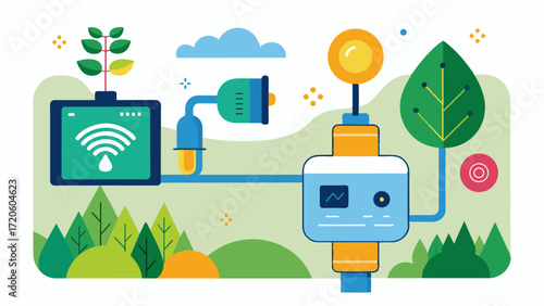 A smart water meter connected to an AIpowered crop water usage model providing realtime data to optimize irrigation schedules.. Vector illustration