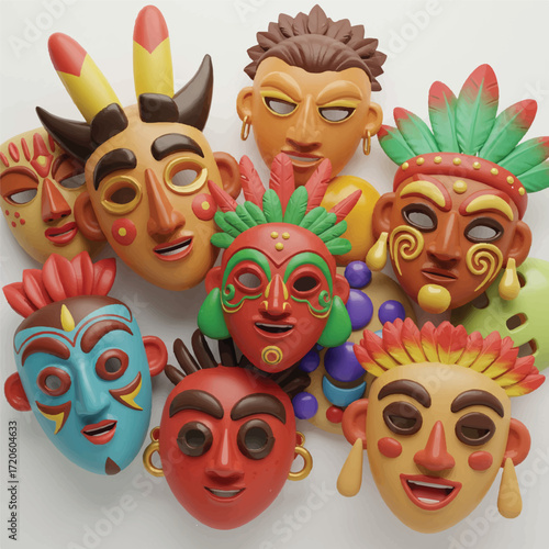 Tribal mask collection showcasing vibrant colors and intricate designs, evoking a sense of cultural heritage