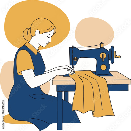 Woman Sewing Fabric with Vintage Sewing Machine