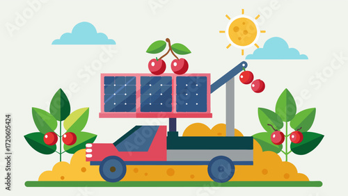 A selfcharging solarpowered berry picker that can work day and night without needing to stop for refueling.. Vector illustration