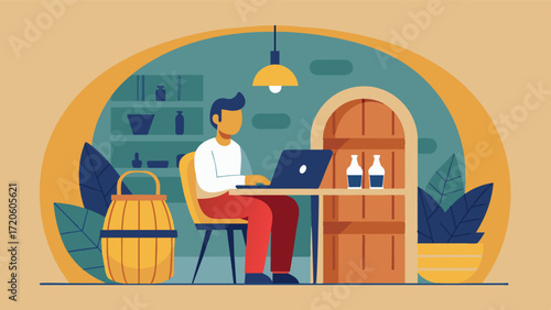 A solo traveler sets up their office in a quaint wine cellar taking advantage of the reliable WiFi to work on their travel blog while sipping on a glass of local wine.. Vector illustration