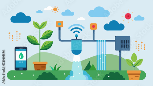 A smart irrigation system uses realtime data on soil moisture weather patterns and evapotranspiration rates to adjust watering schedules and conserve water.. Vector illustration