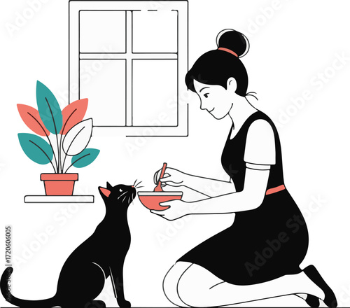 Woman Feeding Cat With Bowl and Spoon Illustration