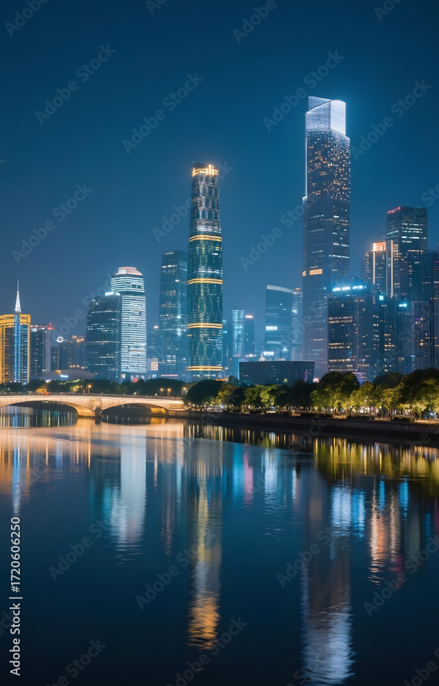 Obraz premium Modern City Skyline with Illuminated Skyscrapers Reflected on River