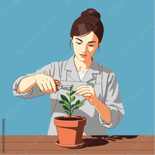 Woman Pruning Potted Plant