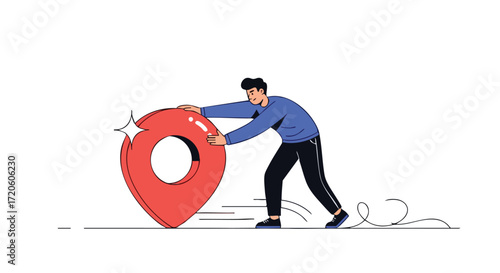 Man Pushing a Giant Red Location Pin Business Travel Navigation Concept