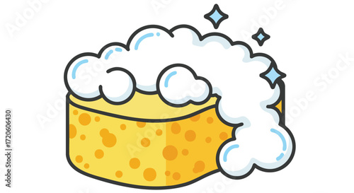 Soapy Sponge with Bubbles Cleaning Hygiene and Household Chores Illustration