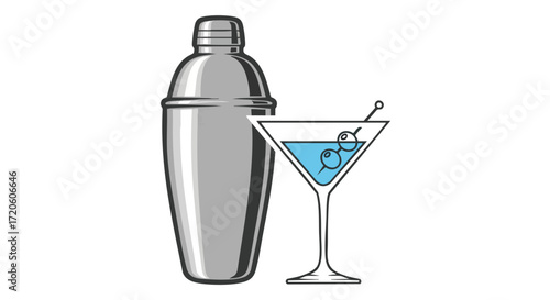 Elegant Martini Cocktail with Olive Garnish Illustration on White Background