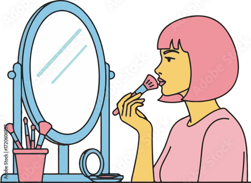Woman Applying Makeup in Front of Mirror