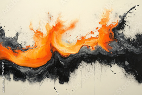 Black and orange paint strokes on white wall.