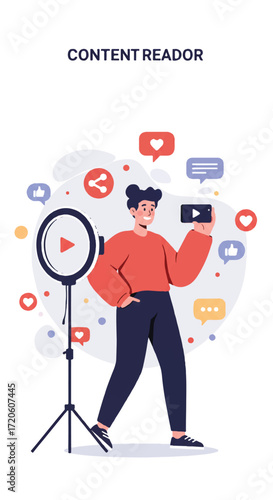 Young content creator filming engaging online video for social media with a smartphone and ring light, surrounded by digital interaction icons