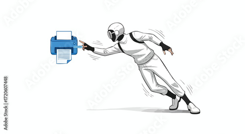 Anonymous Hacker in White Racing Suit Stealing Printouts from Office Printer Cyber Security Breach Concept