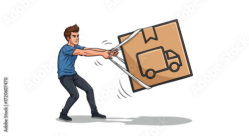 Man Struggles to Lift Heavy Delivery Box Shipping Transportation Logistics Concept