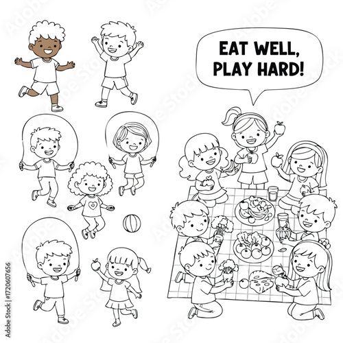Healthy Kids Eating Fruits and Vegetables at a Picnic Playing and Exercising Outdoors