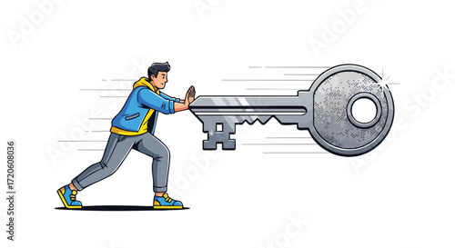 Man Pushing a Giant Key Concept of Solution Access and Opportunity