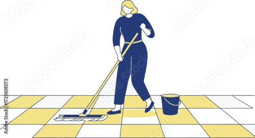 Woman Mopping Tiled Floor with Bucket