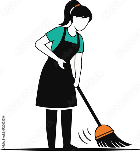 Woman Sweeping Floor with Broom Illustration