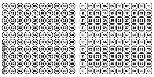 Numbers 1 - 100 - Black Circle , Inner White Border with White Numbers. eps 10