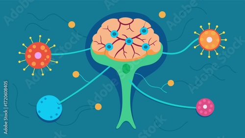 A detailed illustration of a synapse with neurotransmitters being released from the axon terminal and binding to receptors on the adjacent neuron. The image also depicts the. Vector illustration