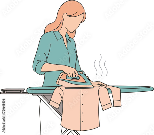 Woman Ironing Clothes on Ironing Board