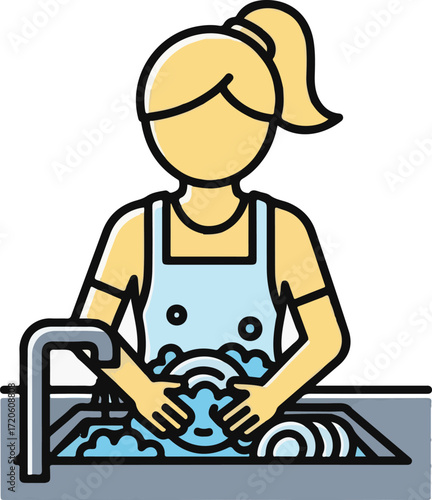 Woman Washing Dishes in Sink Cartoon