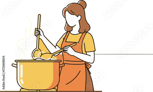 Woman Cooking with Ladle in Large Pot Illustration