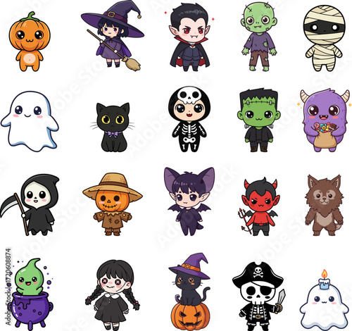 Chibi Halloween Avatar Icon Set – Cute Flat Design Cartoon Characters Vector