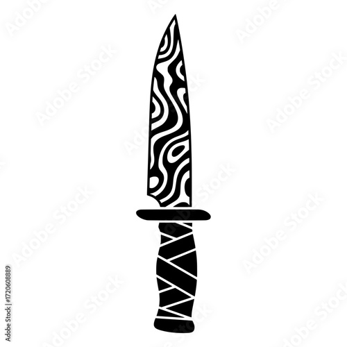 Damascus Pattern Hunting Knife - The handle is wrapped with a tie, adding a vibe of hunting, survival, military, or professional culinary tools. 