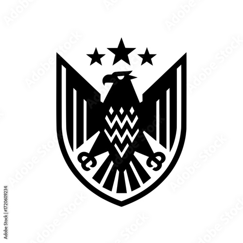 Vector illustration of a fierce eagle logo within a shield frame, featuring three stars above. 
