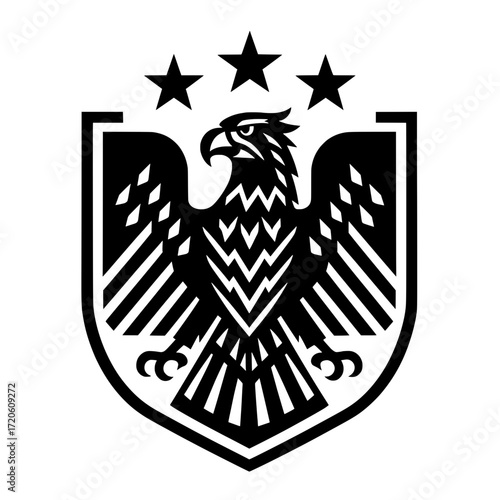Vector illustration of a fierce eagle logo within a shield frame, featuring three stars above. 