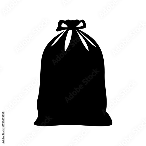 Black silhouette of a tied garbage bag on a white background