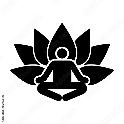 A black vector illustration featuring the silhouette of a person in a meditation or Yoga posture (Lotus Pose/Padmasana), sitting in the center of a blooming lotus flower. 