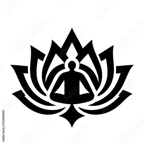 A black vector illustration featuring the silhouette of a person in a meditation or Yoga posture (Lotus Pose/Padmasana), sitting in the center of a blooming lotus flower. 