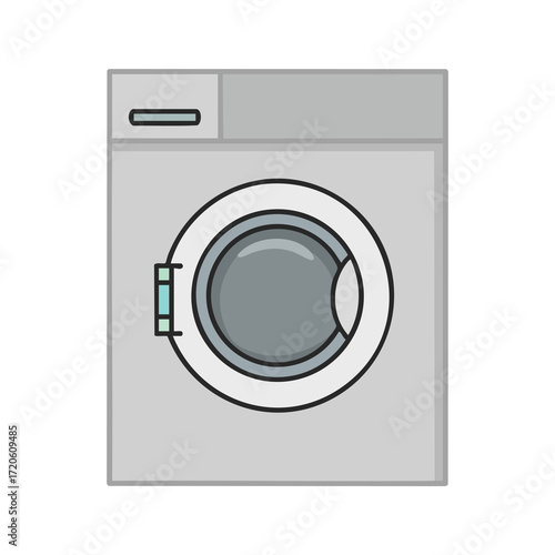 A front view illustration of a modern, grey washing machine with a circular white door and a silver handle.